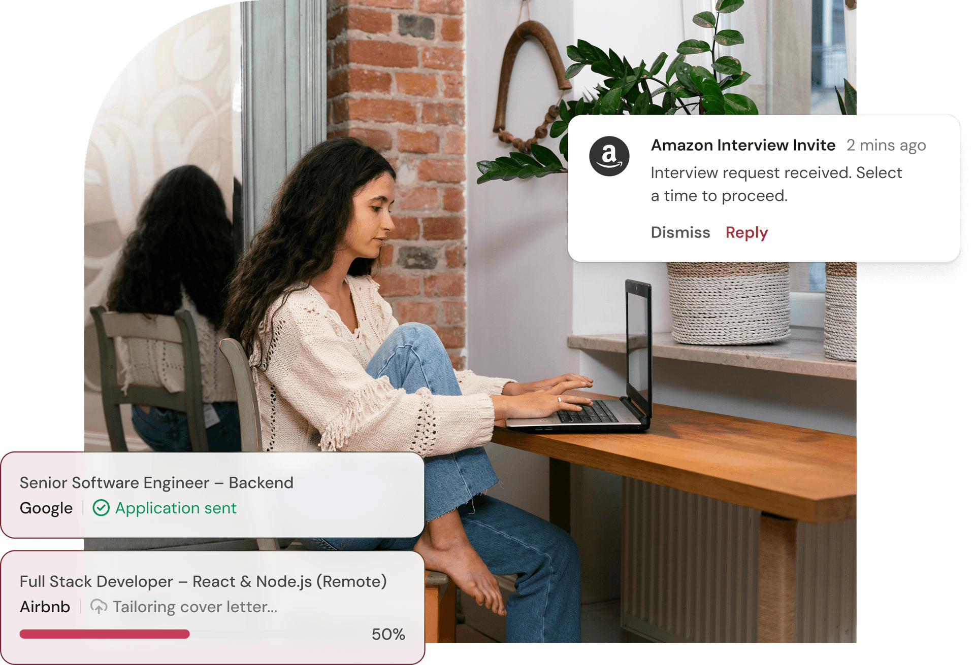 Person using laptop with interview notifications